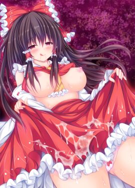 :q ascot blush bow breasts brown_hair clothes_lift commentary_request cum_on_skirt detached_sleeves drooling female frilled_bow frilled_hair_tubes frilled_skirt frills hair_tubes hairbow hakurei_reimu lifting_own_clothes long_hair looking_at_viewer manma_(manmamia) nipples panties pink_panties red_bow red_eyes red_skirt reimu_hakurei ribbon-trimmed_sleeves ribbon_trim saliva shirt_lift skirt skirt_lift skirt_set solo tongue tongue_out touhou underwear yellow_ascot