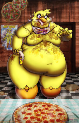 2024 absurd_res animatronic anthro avian beak belly belly_expansion bib big_belly big_breasts bird bodily_fluids breasts breath cheese chica_(fnaf) chicken dairy_products deep_navel dialogue digital_media_(artwork) door drooling english_text expansion feathers featureless_breasts female fingers five_nights_at_freddy's food galliform gallus_(genus) gore hi_res machine messy navel obese obese_anthro obese_female open_mouth overweight overweight_anthro overweight_female panting pepperoni pepperoni_pizza phasianid pink_eyes pizza pizza_slice robot saliva scottgames solo speech_bubble stuffing teeth text thick_thighs tongue tongue_out viroveteruscy weight_gain weight_gain_drive yellow_body yellow_feathers