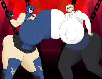 2girls ahoge alternate_breast_size arcueid_brunestud areola_bulge ass ass_bigger_than_head background battle_armor big_ass big_breasts big_female blonde_hair blue_eyes blue_hair boob_window breasts breasts_bigger_than_head chains ciel_(tsukihime) clothed color comparing comparing_breasts cum cumflated_belly cumflation female female_only hips hourglass_figure huge_ass huge_breasts hyper hyper_body hyper_breasts hyper_cumflation hyper_stomach_bulge large_breasts larger_female melty_blood necrobern nipple_bulge nipples nipples_visible_through_clothing no_bra no_underwear paizuri plump powered_ciel pressing pressing_breasts pressing_breasts_together red_eyes revealing_clothes sequence short_hair skirt stomach_bulge_paizuri sweater tall_female taller_female thick_thighs tsukihime tsukihime_(remake) type-moon underass wide wide_hips
