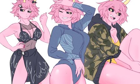 1girls antennae_(anatomy) boku_no_hero_academia breasts busty curvy female hand_on_hip holic_fz mina_ashido multiple_outfits my_hero_academia pink_hair pink_skin thick_thighs white_background yellow_eyes