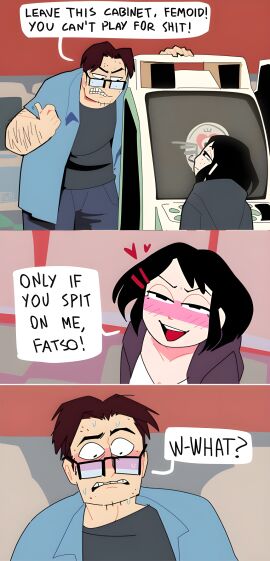 2d acne arcade arcade_machine black_hair comic female freckles glasses male nerd nerd_girl_(popthesnowman) nerdy_female popthesnowman smaller_female tagme taller_male