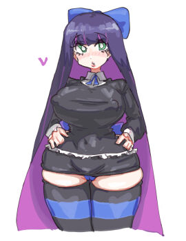 1girls bangs black_dress blue_bow blue_panties blush blush_lines bow bow_in_hair breasts collared collared_dress erect_nipples facing_forward facing_viewer female green_eyes hairbow heart huge_breasts large_breasts leebongchun lolita_fashion long_hair long_sleeves minidress miniskirt navel_visible_through_clothes nipple_bulge nipples nipples_visible_through_clothing panties panties_peek panty_&_stocking_with_garterbelt panty_peek portrait purple_hair ribbon solo stocking_anarchy straight_hair striped_thighhighs thigh_squish thighhighs two-tone_hair very_long_hair white_background