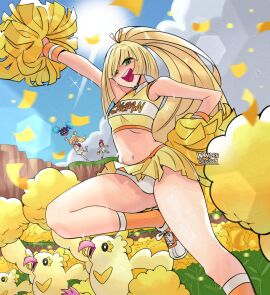 3girls absurdres arm_up background_character beak beanie blue_sky cheering cheerleader confetti cosmog creatures_(company) crop_top female flower game_freak gen_7_pokemon green_eyes hand_on_own_hip hat highres holding holding_pom_poms knee_up legendary_pokemon lens_flare lillie_(pokemon) lusamine_(pokemon) miniskirt multiple_females multiple_girls multiple_others nintendo oricorio panties pokemon pokemon_(creature) pokemon_sm pom-pom_oricorio pom_pom_(cheerleading) pom_poms selene_(pokemon) shoes skirt sky smile sneakers sun sweat underwear wanderjegson white_panties wings