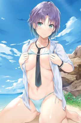 areola_slip asakura_toru bare_belly bare_legs bare_thighs barefoot beach belly_button big_breasts bikini bikini_top_pull blue_bikini blue_eyes blush bracelet breasts closed_mouth collarbone feet female gradient_hair homu_(seven_deadly_sins) idolmaster idolmaster_shiny_colors multicolored_hair necktie on_knees open_shirt outdoors purple_hair shirt short_hair smile thighs toes wariza white_shirt