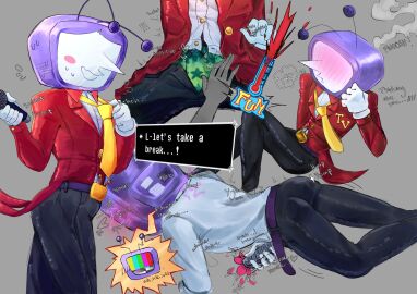 blush blush_lines blushing clothed clothing crt cum_in_underwear deltarune deltarune_chapter_3 electronics loose_necktie male needy solo submissive submissive_male suit sweat sweating tenna_(deltarune) tv tv_head underwear vitamin_c