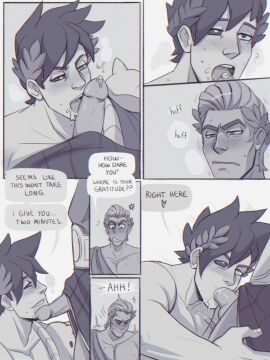 balls blowjob blush comic_page darkmode_proxy dialogue english_text erection gay hades_(game) laurel_crown male male_only moaning monochrome partially_clothed penis smirk testicles theseus_(hades) twunk yaoi zagreus