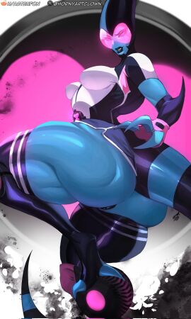 alien alien_girl ass ass_focus back_view ben_10 chaquetrix female female_only fingerless_gloves gloves hornyartclown kineceleran looking_back looking_back_at_viewer one_leg_bent one_leg_raised one_leg_up power_display shorts solo solo_female striped_tail tail thigh_highs thighhighs xlr8