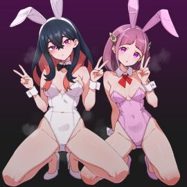 2girls :o animal_ear_hairband animal_ears bare_legs bare_shoulders black_background black_bow black_bowtie black_hair blunt_bangs bow bowtie breasts brown_hair bunny_ears bunnysuit carmine_(pokemon) cleavage collar collarbone colored_inner_hair creatures_(company) crossed_bangs crotch_seam detached_collar double_v fake_animal_ears female game_freak gradient_background hair_between_eyes hair_ornament hairband hairclip high_heels highleg highleg_leotard highres hypnosis hypnotized kamidan lacey_(pokemon) leotard long_hair looking_at_viewer medium_breasts mind_control mole mole_under_eye multicolored_hair multiple_females multiple_girls neck_ribbon nintendo pink_footwear pink_hair pink_hairband pink_leotard playboy_bunny pokemon pokemon_sv purple_background purple_eyes rabbit_ear_hairband rabbit_ears red_ribbon ribbon shiny_skin shoes short_hair squatting steaming_body strapless strapless_leotard thighs two-tone_hair v white_collar white_footwear white_hairband white_leotard wide_hips wrist_cuffs