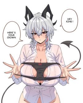 1girls akazuan_19 breasts cleavage english_text female female_focus female_only large_breasts light-skinned_female light_skin looking_at_viewer panties presenting_panties solo text white_background wuthering_waves zani_(wuthering_waves)