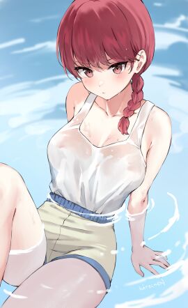 bare_shoulders blush braid braided_ponytail breasts clothing female genderswap genderswap_(mtf) highres in_water kaetzchen large_breasts looking_at_viewer medium_breasts medium_hair no_bra ranma-chan ranma_1/2 ranma_saotome red_eyes red_hair rule_63 see-through see-through_clothing see-through_top shorts solo t-shirt tank_top thighs water wet wet_clothes wet_shirt