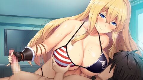 1boy aldebaran_(escalation_heroines) bare_shoulders bikini blonde_hair blue_eyes breasts choukou_(alicesoft) choukou_taisen_escalation_heroines cleavage female fingerless_gloves game_cg gloves grabbing_another's_breast groping handjob horosuke horosuke_(toot08) ikusabe_tokisada long_hair mismatched_bikini nursing_handjob smile swimsuit variant_set