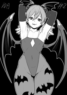 1girls armpits arms_behind_head artist_name artist_request bat_wings breasts capcom child_bearing_hips confident covered_navel darkstalkers female highres leotard licking_lips lilith_aensland lipstick looking_at_viewer makeup monochrome naughty_face pantyhose pose posing seductive_gaze seductive_smile sensual sexy_armpits short_hair small_breasts smile solo tagme_(artist) toned tongue tongue_out wide_hips wings