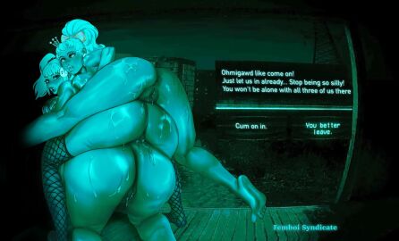 2d 2d_(artwork) 3girls anus ass_focus ass_stack barbie_(fellatrix) bethany_(fellatrix) bimbo bimbo_lips blair_(fellatrix) blonde_hair dialogue english_text fellatrix female female_focus female_only femboisyndicate fishnet_legwear fishnets full_lips green_tint looking_at_viewer looking_back no i'm_not_a_human no i'm_not_a_human_(meme) original_characters outside peephole presenting presenting_hindquarters text wet_body