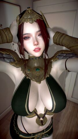 1girls 3d 4k armor armored_female big_breasts breasts crashbanditkut eyebrows female female_focus glitter hair hi_res high_resolution highres light-skinned_female light_skin lips looking_at_viewer makeup medium_hair original original_character pink_eyes red_hair room sexy solo virt-a-mate virtamate