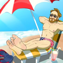 1boy american_flag_swimsuit beach blush feet foot_fetish footprint_on_sandals gay hands_behind_head legs_crossed male male_feet male_foot_fetish male_only marvel marvel_comics no_visible_genitalia pmarshyy pride_flag rainbow_pride_colors sandals speedo_only steve_rogers umbrella