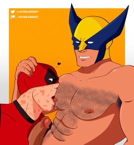 2boys bara boner chest_hair deadpool deadpool_&_wolverine_(2024) erection gay hairy jestablacksheep logan_(x-men) male male/male male_only marvel marvel_comics nipples pectorals penis sucking_male_nipple tongue tongue_out topless_male wade_wilson wolverine_(x-men) x-men yaoi