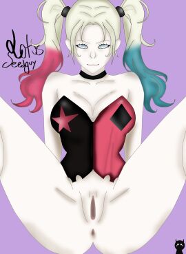 blonde_hair blue_eyes dyed-hair female female_only half-dressed harley_quinn lotusseedguy pussy pussy_out red_clothing tagme twintails