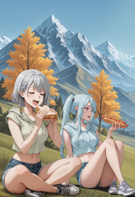 2girls ai_generated best_friends elves hiking kage_no_jitsuryokusha_ni_naritakute! libido_amp_(artist) mountain not_porn yuri