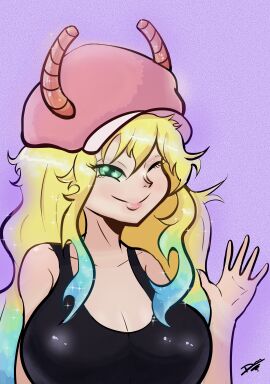 2025 big_breasts dragon eldexman green_eyes huge_breasts kobayashi-san_chi_no_maidragon lucoa lucoa_(maidragon) purple_background quetzalcoatl_(dragon_maid) sfw white_skin yellow_hair