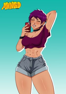 abs arm_behind_head big_breasts bracelet bracelets breasts chocker cleo_hart closed_eyes denim_shorts female female_focus female_only mangoverse pixie_cut purple_hair purple_shirt selfie short_hair smiling smiling_at_viewer tan_body tan_skin teeth thick_thighs thighs