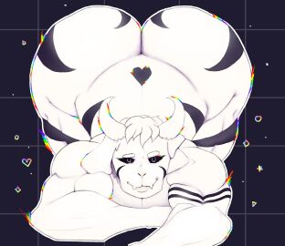 1boy 2d anthro asriel_dreemurr asriel_dreemurr_(god_form) ass bara big_muscles biting_lip black_eyes body_markings caprine furry gay hi_res horns huge_ass huge_thighs humanoid hyper_ass laying_on_stomach looking_at_viewer male male_only massive_ass muscles muscular muscular_male seductive seductive_eyes seductive_look showing_off solo tagme thick_thighs undertale undertale_(series) white_fur white_hair wide_hips yaoi yiff