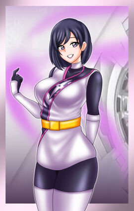 1girls alluring belt black_hair bodysuit breasts female igasaki_fuuka lavender_eyes medium_breasts no_helmet pin_up short_hair shuriken_sentai_ninninger super_sentai treezero