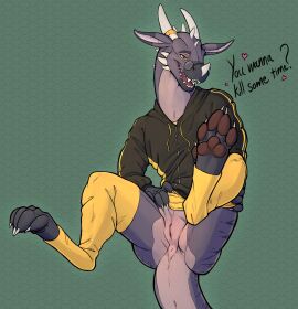 clothed clothing clothing_lift dragon eyewear female feral genitals glasses hi_res hoodie hoodie_lift horn jewelry leg_warmers legwear mythological_creature mythological_scalie mythology orange_eyes pattern_background presenting presenting_pussy purple_body pussy scalie shirt simple_background solo spread_legs spreading text topwear tren