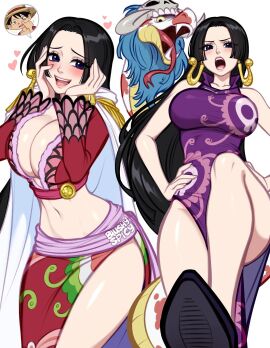 1girls black_hair blue_eyes blush blushypixy blushyspicy boa_hancock breasts cleavage clothing commentary crop_top dress earrings english_commentary epaulettes female female_only hands_on_own_cheeks hands_on_own_face heart highres image_in_speech_bubble jewelry large_breasts long_hair looking_at_viewer monkey_d_luffy multiple_views navel one_piece open_mouth purple_dress snake_earrings speech_bubble very_long_hair