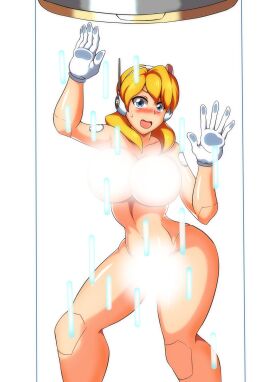 1girls alia big_breasts blonde_hair blue_eyes blush boob_window breasts breasts_on_glass censored female kotatuman_dash mega_man mega_man_x mega_man_x_dive naked nude nude_female robot_girl white_background white_gloves
