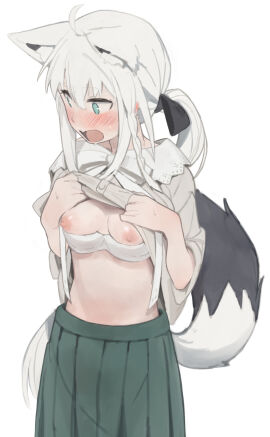 ahoge animal_ear_fluff animal_ears blue_eyes blush bra bra_pull braid breasts clothes_lift clothes_pull female fox_ears fox_girl fox_tail green_skirt grey_hair grey_shirt highres hololive hololive_gamers hololive_gen_1 hololive_japan kujira_pasta lifting_own_clothes long_hair medium_breasts nipples official_alternate_costume open_mouth pleated_skirt shirakami_fubuki shirakami_fubuki_(street) shirt shirt_lift side_braid simple_background skirt solo sweat tail underwear virtual_youtuber white_background white_bra