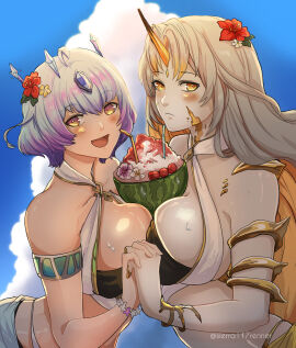 1_horn 2girls alternate_costume asymmetrical_docking between_breasts big_breasts bikini blonde_hair blue_sky blush bob_cut breast_press breasts brown_eyes closed_mouth cloud coconut colored_inner_hair female female_only fire_emblem fire_emblem_heroes flower grey_hair gullveig_(fire_emblem) hair_flower hair_ornament highres holding_hands horns large_breasts multicolored_hair multiple_females multiple_girls nintendo official_alternate_costume open_mouth outdoors purple_hair red_flower seidr_(fire_emblem) short_hair sierra117renner sky smile swimsuit twitter_username white_bikini white_swimsuit yellow_eyes yellow_horns