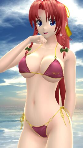 1girls 2023 3d beach belly_button bikini breasts clavicle cleavage clouds earring embodiment_of_scarlet_devil female green_bowtie hati_yukkuri_mmd hong_meiling light-skinned_female light_skin long-haired_female looking_at_viewer mmd one_arm_up open_mouth outdoors red-haired_female red_bikini sky solo_female solo_focus swimsuit touhou waist water yellow_ribbon youkai