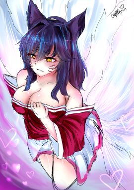 ahri ahri_(cosplay) artist_name artist_signature bare_shoulders breasts cleavage collarbone cosplay crunnix doki_doki_literature_club female heart hearts league_of_legends purple_hair yellow_eyes yuri_(doki_doki_literature_club)