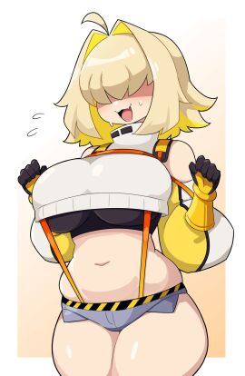 1girls :3 bare_shoulders big_breasts blonde_hair breasts elegg_(nikke) female female_only goddess_of_victory:_nikke hair_over_eyes hi_res j5daigada medium_hair minishorts open_mouth short_shorts shorts solo suspenders thick_thighs tight_clothing two-tone_hair yellow_hair