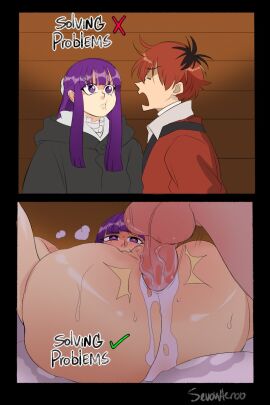 1boy 1girls anal angry_face arguing artist_name ass ass_focus balls big_ass big_penis blush bubble_ass bubble_butt clapping_cheeks comic completely_nude cum cum_in_ass cum_inside cum_leaking cumming_while_penetrating deep_penetration english_text female female_penetrated fern_(sousou_no_frieren) fit fit_female fit_male frieren_beyond_journey's_end fucked_silly heart-shaped_pupils huge_ass human human_only long_hair loving_it male male/female mating_press missionary_position nude penetration penis penis_in_ass pleasure_face pounding pounding_ass pout purple_eyes purple_hair red_hair sevonteroo sousou_no_frieren stark_(sousou_no_frieren) thick