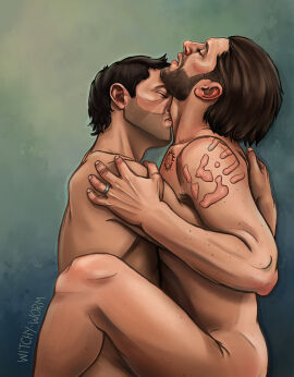 2boys angel artist_name artist_signature bara beard_stubble black_hair brown_hair castiel castiel_(supernatural) chest_to_chest closed_eyes couple dark_hair dean_winchester destiel_(ship) duo engagement_ring facial_hair freckles gay gay_sex handprint holding_partner human husband husband_and_husband implied_anal implied_penetration implied_sex jensen_ackles kissing kissing_neck light-skinned_male light_skin looking_pleasured love_making male male/male male_only male_penetrated male_penetrating male_penetrating_male married_couple misha_collins naked naked_male no_visible_genitalia nude nude_male ring standing standing_position stubble supernatural_(series) witchy-worm yaoi