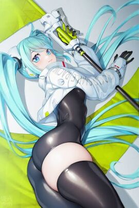 ass big_ass blue_eyes blue_hair bodysuit female goodsmile_racing hatsune_miku on_bed racing_miku thick_thighs twintails vocaloid