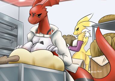 anthro baker bakery bandai_namco bread canid canine digimon digimon_(species) duo female food guilmon hi_res mammal renamon reptile sarctrue scalie