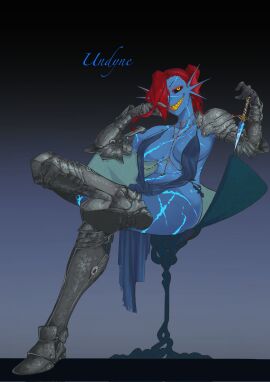 anthro armored_boots armored_gloves chair dress female fish fish_girl low-angle_view monster_girl muscles muscular muscular_female scar sharp_teeth undertale undertale_(series) undyne xiaokanyunyan1