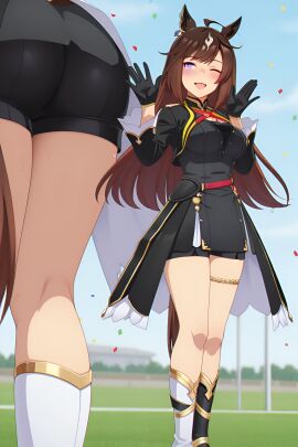 ai_generated ass blush breasts confetti duramente_(umamusume) legs looking_at_viewer racetrack sfw smile standing thighs umamusume umamusume_pretty_derby wixarena