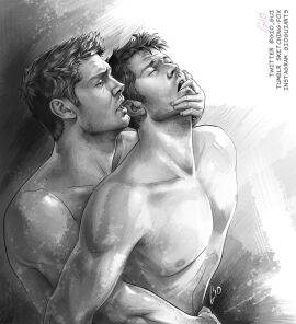 2boys abs angel artist_signature bara biceps black_and_white castiel castiel_(supernatural) closed_eyes dark_hair dean_winchester destiel_(ship) duo finger_in_mouth freckles fucked_from_behind gay gay_anal gay_sex gio_gui holding_partner human implied_anal implied_penetration jensen_ackles light-skinned_male light_skin looking_at_partner looking_pleasured male male/male male_only male_penetrated male_penetrating male_penetrating_male misha_collins monochrome muscles muscular muscular_male nipples no_visible_genitalia open_mouth pecs sex shirtless shirtless_male supernatural_(series) yaoi