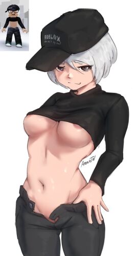 1girls anniethenight areola_slip areolae artist_signature breasts breasts_out crop_top female female_focus female_only nipples reference_image roblox roblox_avatar robloxian self_upload solo tagme underboob unzipped white_background white_hair
