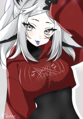 1girls :p animal_ears blush breasts clothes_writing dya_rikku_(vtuber) face_markings female fox_ears grey_eyes large_breasts long_hair long_sleeves looking_at_viewer moshiedraws red_shirt signature simple_background skin_tight smile solo tongue tongue_out virtual_youtuber vyugen white_hair