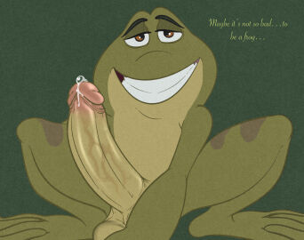 amphibian anthro balls big_penis bodily_fluids dialogue erection feral frog genital_fluids genitals hi_res illegaleel leaking_precum male male_only penis precum prince_naveen_(frog) saggy_balls smile smiling_at_viewer solo the_princess_and_the_frog vein veiny_penis