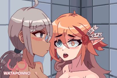 2girls animated animated_gif female female/female female_focus female_on_female female_only game_cg gif heterochromia kissing lesbian lesbian_kiss long_hair loop looping_animation multiple_females multiple_girls orange_hair pixel_art ponytail wataponno yuri