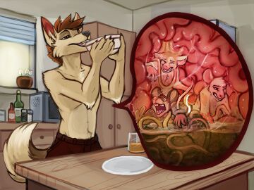 4:3 acid_burns acidic anthro black_nose bottomwear brown_body brown_bottomwear brown_clothing brown_eyes brown_fur brown_hair brown_pants canid canine clothed clothing cutaway eating food fur glistening glistening_eyes group hair imminent_death inside inside_stomach internal male mammal mouse murid murine narrowed_eyes noodles open_mouth oral_vore pain pants rodent scared short_hair tan_body tan_fur topless unwilling_prey vore