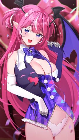 :d ahoge bangs bare_shoulders bell blush bow bowtie breasts cameltoe camila_(vtuber) cimp_(camila) cleavage cleavage_cutout clothing_cutout cowboy_shot demon demon_girl demon_tail demon_wings dress elbow_gloves facial_mark fan_mascot_(vtuber) female gloves head_wings heart heart_ahoge holding indie_virtual_youtuber large_breasts long_hair looking_at_viewer marking_below_eyes multicolored_hair no_pants oerba_yun_fang open_mouth panties pink_hair pointy_ears purple_eyes pussy sleeveless smile solo streaked_hair succubus tail two_side_up underwear very_long_hair virtual_youtuber white_gloves white_panties wings