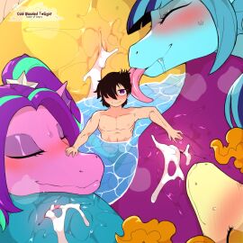 adagio_dazzle adagio_dazzle_(eg) after_sex animal_genitalia aria_blaze aria_blaze_(eg) black_hair blush bodily_fluids cloaca cold-blooded-twilight cum cum_in_cloaca cum_inside equestria_girls female feral friendship_is_magic genital_fluids genitals group hair hair_over_eye hasbro hi_res horizontal_cloaca human human_on_feral interspecies larger_female larger_feral licking male male/female mammal marine multicolored_hair my_little_pony nude size_difference smaller_human smaller_male smile sonata_dusk sonata_dusk_(eg) tongue two-tone_hair water zoophilia
