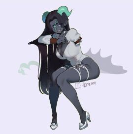 amputee black_hair bloodlight_(nyantcha) breasts demon demon_girl female grey_skin heels highres horns large_breasts long_hair looking_at_viewer mariah_(nyantcha) missing_limb no_text_version original pointy_ears purple_eyes scar scar_on_face sitting smiling smiling_at_viewer tail teeth thiccwithaq thighs