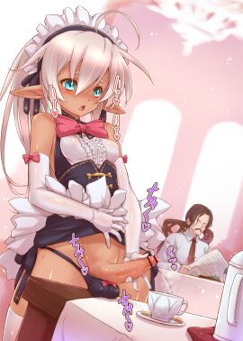 1boy 1futa ahoge anime_nose aqua_eyes balls balls_outline bar_censor black_panties blue_eyes blush bow bow_panties bowtie breasts censored chestnut_mouth clothed clothing corset covered_balls cowboy_shot cum cum_in_container cum_in_cup cup dark-skinned_futa dark_skin elbow_gloves erection exc_heaven eyeless_male facial_hair foreskin futa_focus futa_masturbation futanari futasub gloves highres holding holding_newspaper human humanoid humanoid_penis indoors intersex lifting_own_clothes light_skin long_hair maid maid_headdress male masturbation medium_breasts mostly_clothed mustache necktie newspaper nose_blush original panties partially_retracted_foreskin penis pink_bow pink_bowtie pointy_ears retracted_foreskin saucer shaved_crotch sleeveless smooth_penis solo_focus standing teacup thighhighs uncircumcised uncut underwear white_gloves white_hair white_thighhighs